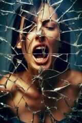 portrait of a screaming woman through the broken mirror glass, psychology and emotional concept