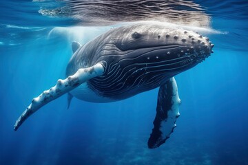 Young Humpback Whale In Blue Water.