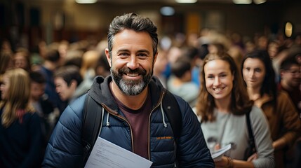 Fototapeta premium Smiling man in crowd, emanating confidence amid bustle.