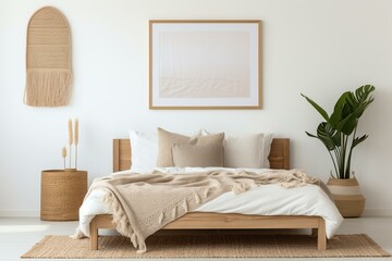 Mockup of a vertical frame in a bedroom with a wooden bed, fringed blanket, cushion, pampas grass, and wicker lamp against a white wall. Generative AI