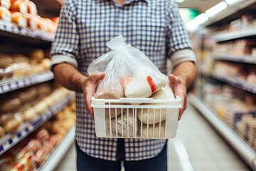 Man holding shopping basket with bread and milk groceries in supermarket. - obrazy, fototapety, plakaty