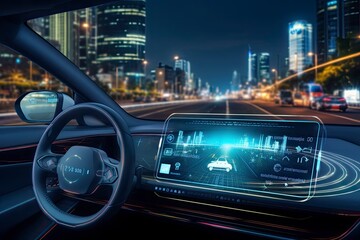Modern smart car technology intelligent system using Heads up display (HUD) Autonomous self driving mode vehicle on city road with graphic sensor radar signal system intelligent car. - obrazy, fototapety, plakaty