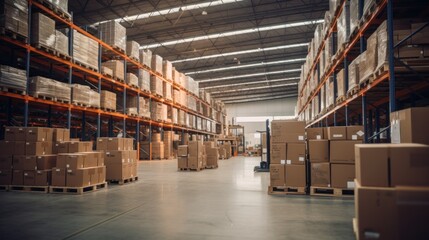 Obraz premium Modern warehouse filled with various boxes, cargo and materials