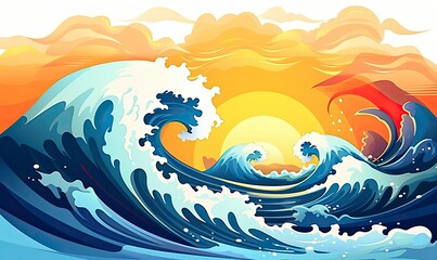 Fototapeta na wymiar Ocean wave sun clouds, blue yellow abstract ocean wave.