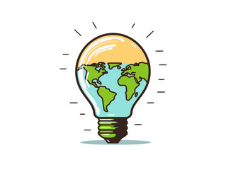 Doodle Light bulb with earth, cartoon sticker, sketch, vector, Illustration, minimalistic