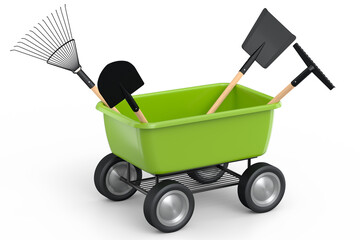 Garden wheelbarrow with garden tools like shovel, rake and fork on white.