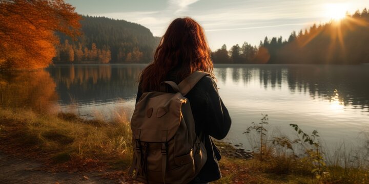 A Girl with a Backpack Photographing a Picturesque Lake, Embracing Hiking, Work and Travel, and Trekking Adventures