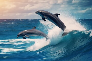 Fototapeta premium Playful dolphins jumping over breaking waves. Hawaii Pacific Ocean wildlife scenery.