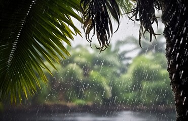 Naklejka premium Rain in the tropics during the low season or monsoon season. Raindrops in a garden.