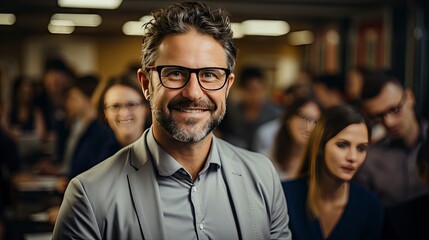Fototapeta premium Smiling man in crowd, emanating confidence amid bustle.