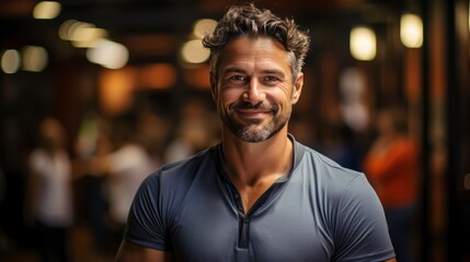 Fototapeta premium Smiling man in crowd, emanating confidence amid bustle.