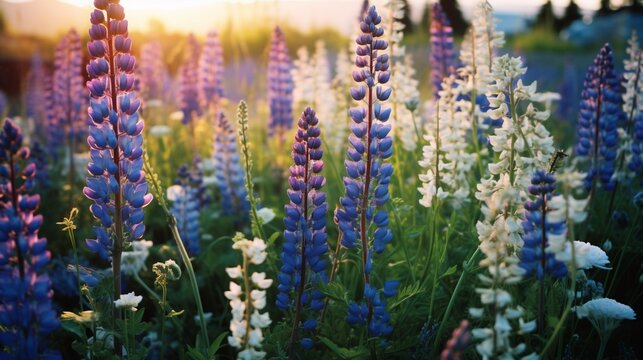a lush, wildflower meadow with a color palette of blues, purples, and whites, captured at golden hour.