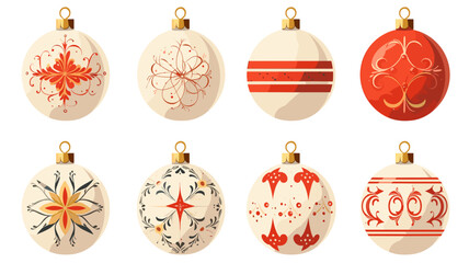 flat 2D vector illustration set, beautiful decorated christmas bauble isolated on white background. Set of beautiful Christmas decoration. Christmas elements, design for Christmas card, greeting card 