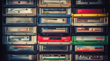 Many cassette tapes of various colors 1990's. Vintage