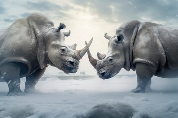 Two Rhinoceros getting ready for fight on Ice. - obrazy, fototapety, plakaty