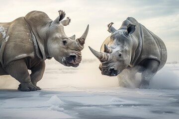 Obraz premium Two Rhinoceros getting ready for fight on Ice.