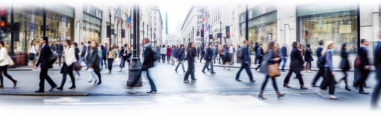 Walking people blur. Lots of people walk in the City of London. Wide panoramic view of people crossing the road.
