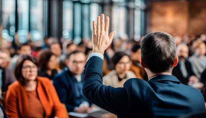 Fototapeta na wymiar Businessman raising his hand during a seminar, business meeting or conference. Employee or person asking for a turn to speak. Generative ai