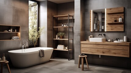 Modern and comfortable interior design - bathroom in gray and wooden materials. 