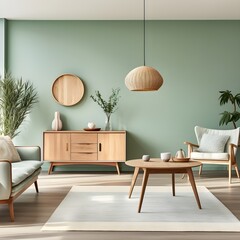 sofa and a chair with coffee table and wooden cabinet against light green wall, AI generative.