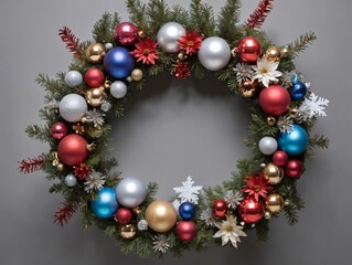 Fototapeta na wymiar Christmas Wreath With Ornaments And Decorations