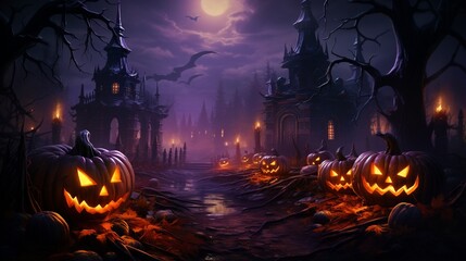 Fototapeta na wymiar A Halloween illustration showcasing glowing purple pumpkin jack o' lanterns, adding a spooky touch to your project .