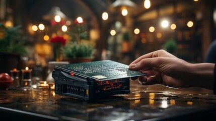 A hand firmly holds a credit card before a digital payment terminal, representing modern financial transactions .