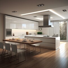 Modern interior home kitchen with wooden dining table and white chairs, glass wall in the back, wooden floor, AI generative.