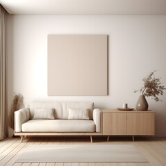 Sofa with a wooden cabinet and beige art poster against white wall, AI generative.  - obrazy, fototapety, plakaty