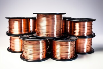 Copper alloy welding wire on spools. - obrazy, fototapety, plakaty