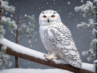 A Snowy Owl Perched On A Branch In The Snow