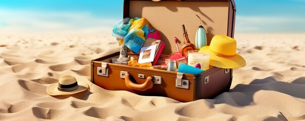 Fototapeta na wymiar Beach Preparation, Accessories In Suitcase On Sand.