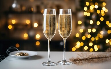 Glasses with champagne on the background of Christmas decorations.