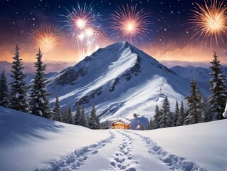 Fototapeta premium A Snowy Mountain Scene With A House And Fireworks
