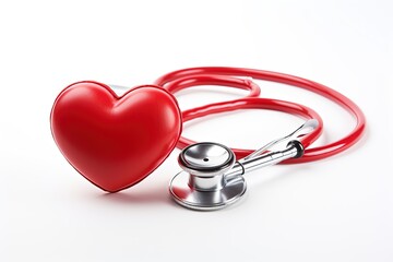 Red stethoscope in shape of heart on a white background.