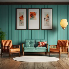 3 chairs and 3 art posters against green wall with a lamp, AI generative.