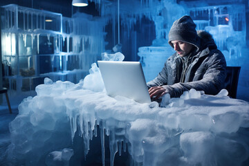 A man works with a computer in a very cold office.