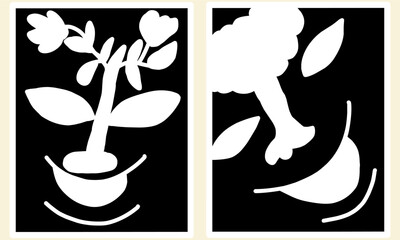 Title "Be Happy". Silhouette of person with flower. Hand drawn abstract minimalist artwork. Black and white.