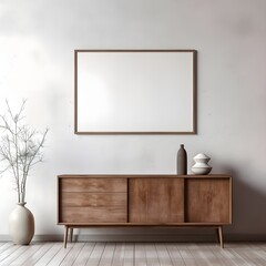 dark wooden cabinet against white wall and empty art poster, Modern Livingroom, AI generative.