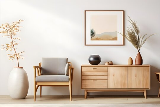 chair and wooden cabinet against a beige wall and art poster, Modern Livingroom, AI generative.