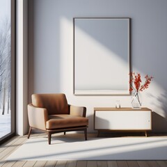 Armchair with small wooden cabinet and long empty art poster against white wall, Modern Livingroom, AI generative. 