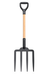 Garden pitchfork with wooden handle for harvesting hay on white background.