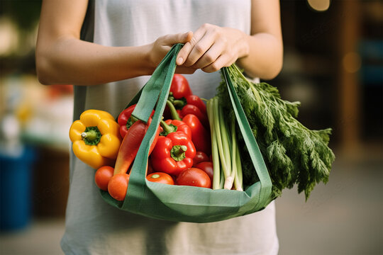Young woman holding textile glocery eco bag with fruits and vegetables. 