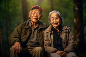 Senior couple in love sitting together on chairs looking at nature in forest, during autumn day.