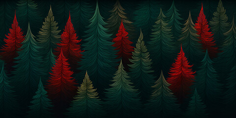 Dark green and red abstract textured background with pine trees