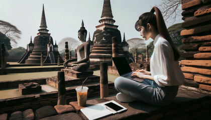A digital nomad sits by the historical ruins in Thailand. working on her laptop. - obrazy, fototapety, plakaty