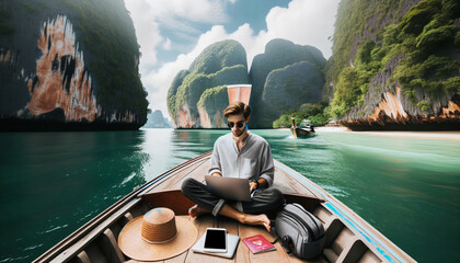 At the serene Phang Nga Bay, a digital nomad works on his laptop from a traditional long-tail boat. - obrazy, fototapety, plakaty