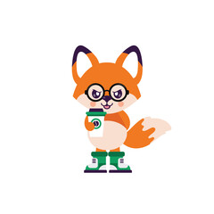 cartoon angry fox illustration with glasses and shoes and cup of coffee