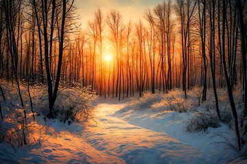 Sunset in the wood in winter period background