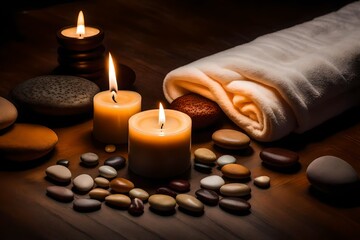 spa still life with candles, Amidst the soft glow of a single candle, a plush towel is neatly folded, and zen stones are carefully arranged in a serene circle